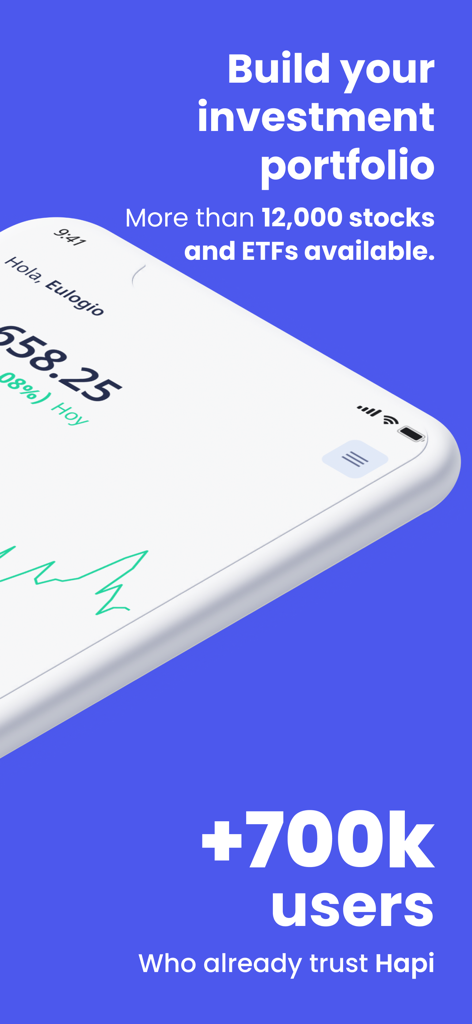 Interface de l'application mobile Hapi pour construire un portefeuille d'investissement avec accès à plus de 12000 actions et ETF