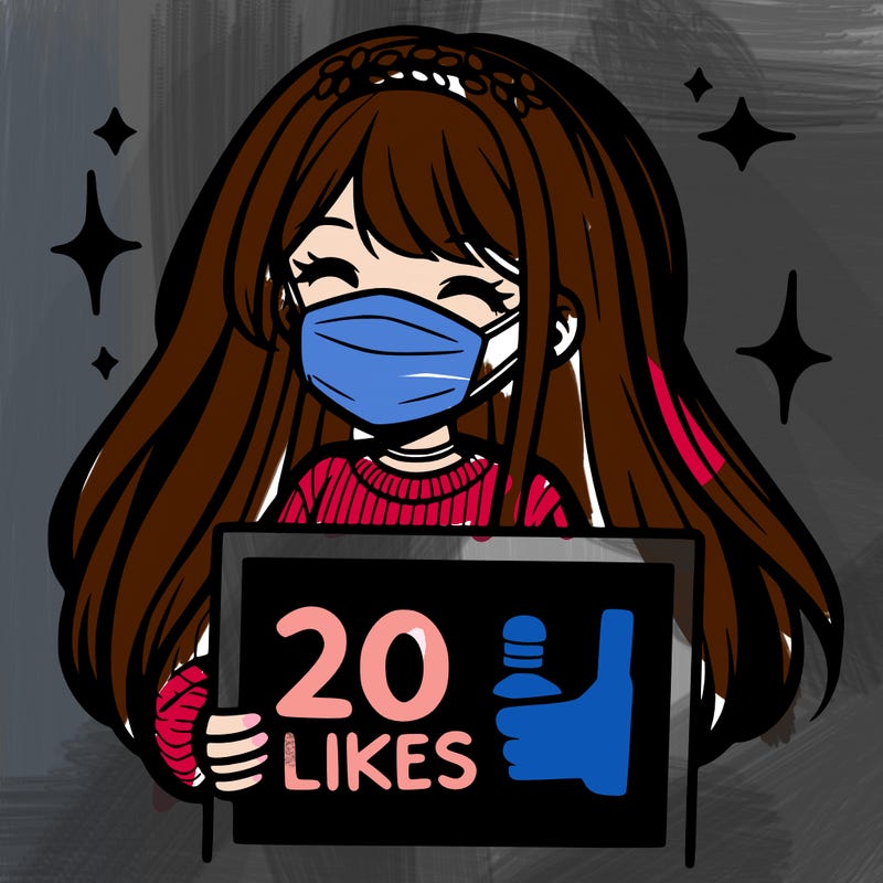a sign say please 20 likes with a smile girl with a mask long hair