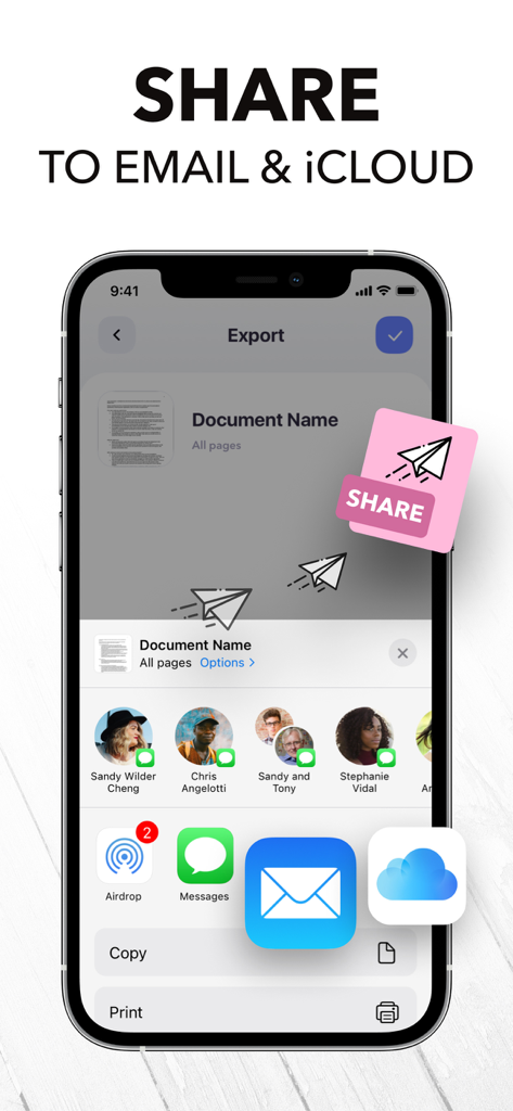 PDF Scanner App: Scanner+ Docs - Pantalla de smartphone mostrando opciones para compartir un documento escaneado por correo electrónico e iCloud