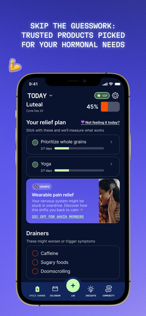 Panel de la aplicación Aavia que muestra recomendaciones de planes de alivio personalizados y consejos de estilo de vida para el día del ciclo de la fase lútea.