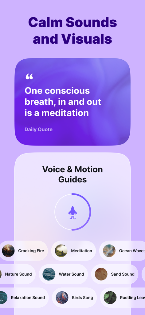 Interface of the Breathe App showing daily meditation quotes and voice and motion guides with ambient sound options like nature and ocean waves