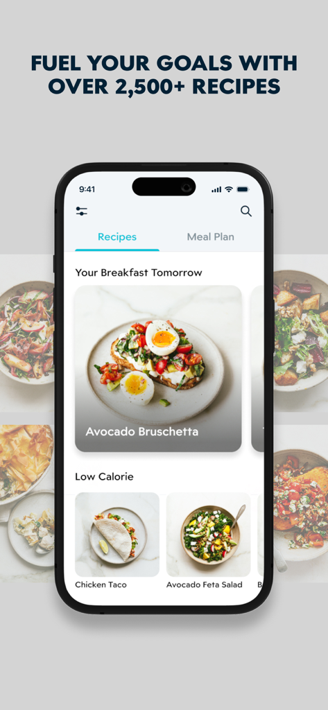 EvolveYou: Strength For Women - The EvolveYou app recipes page featuring healthy meal ideas like avocado bruschetta and chicken tacos.