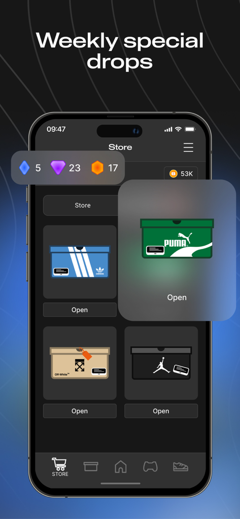 BoxedUp: Sneaker Trading Game - A mobile interface of the BoxedUp app displaying weekly sneaker box drops for collection.
