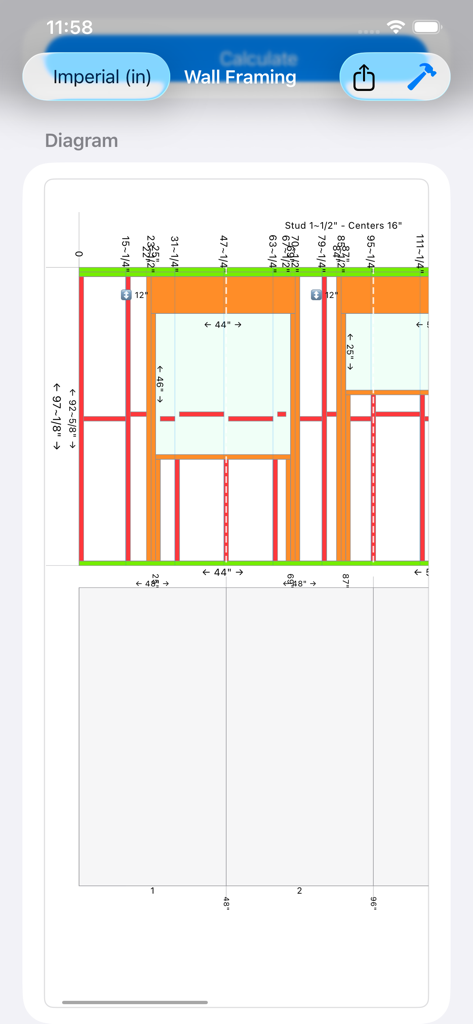 Stud Framing Layout Calculator - Interactive wall framing diagram with imperial measurements and sheet layout planning