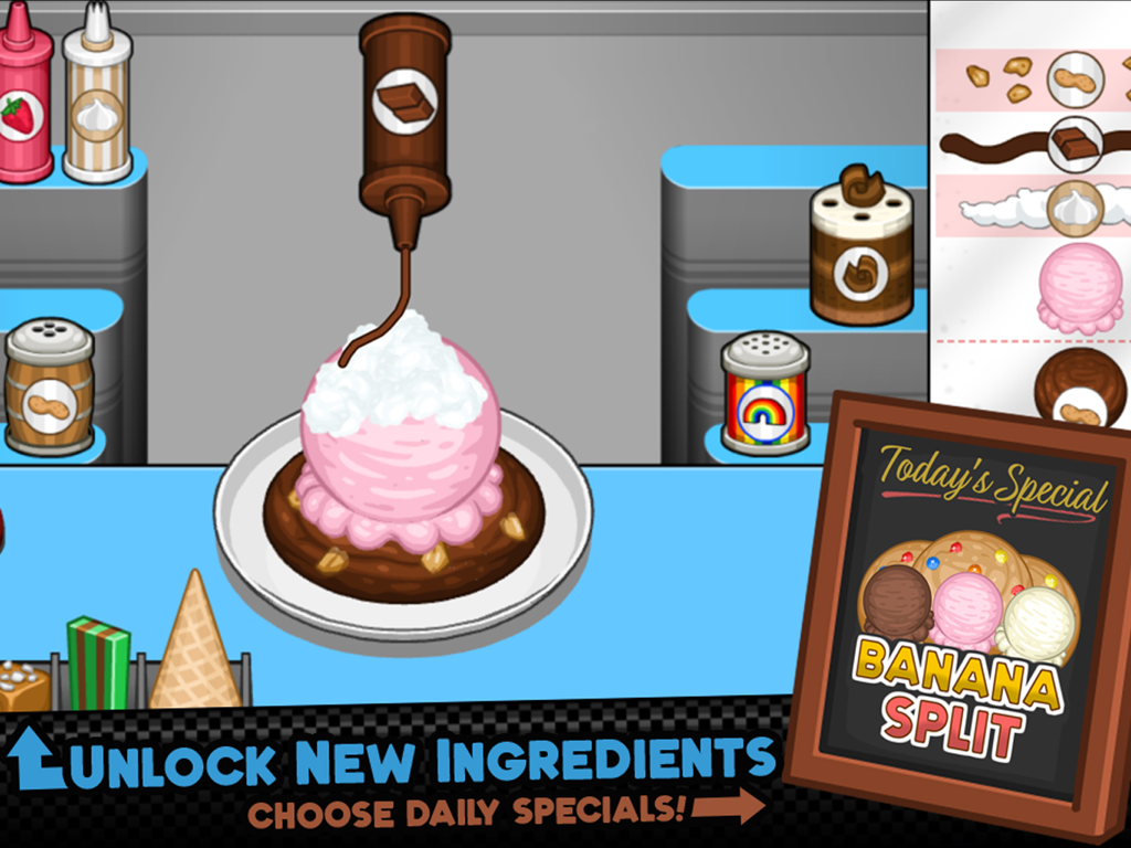 Papa's Scooperia HD - Una captura de pantalla del juego Papas Scooperia HD mostrando un sundae de helado siendo cubierto con sirope de chocolate junto a un cartel de Oferta Diaria