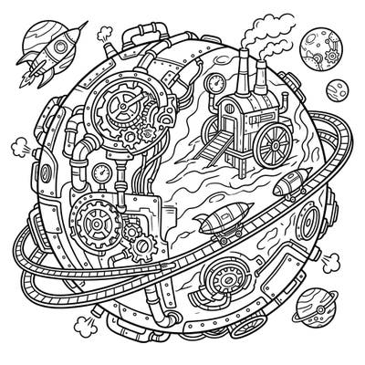 Embark on an epic space journey with this captivating Steampunk Mars coloring page. Discover a retro-futuristic Red Planet buzzing with gears, pipes, and steam-powered marvels, ready for your creative touch.