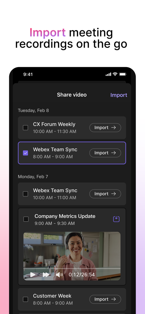 Vidcast by Webex - A mobile screen showing a list of meeting recordings to import with video previews and titles like Webex Team Sync and Company Metrics Update