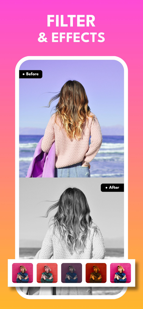 Pic Collage Maker - Photo Grid - Comparación de antes y después que muestra un filtro en blanco y negro aplicado a una foto de playa en la aplicación de collage.