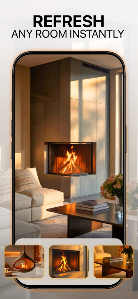 AI Home Design - Deco AI - AI interior design app showing a luxury living room transformation with a modern fireplace