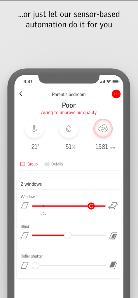 VELUX ACTIVE with NETATMO - VELUX ACTIVE app interface displaying indoor air quality metrics and automated window controls for a bedroom