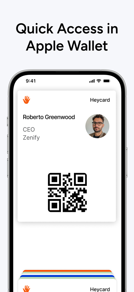 HeyCard Business Card Creator - Un biglietto da visita digitale con un codice QR e una foto del profilo visualizzato in Apple Wallet su un iPhone