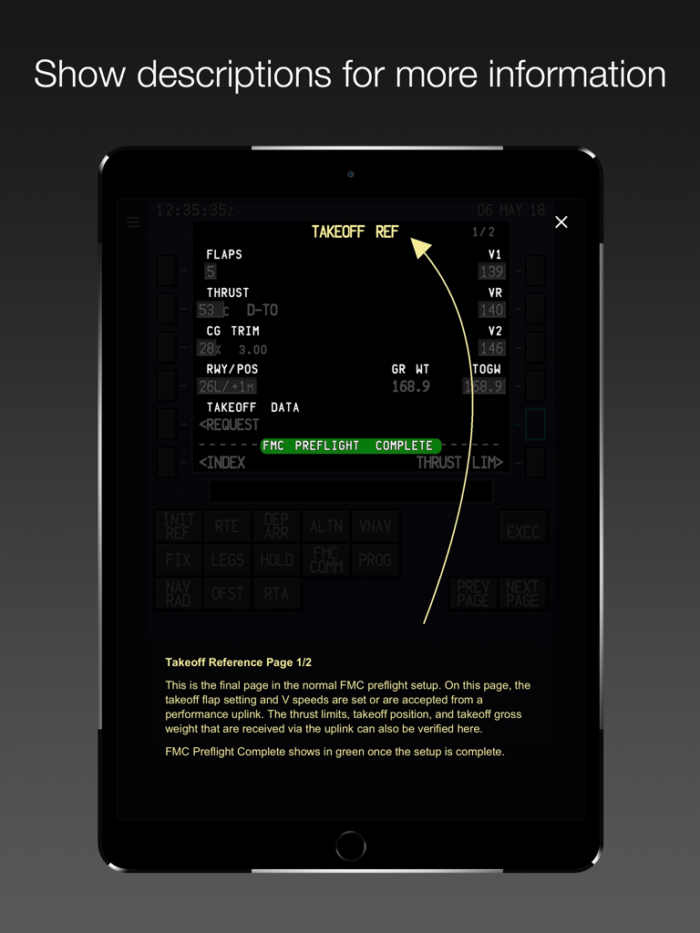 787 FMC - Interactive 787 FMC training app showing the Takeoff Reference page and educational descriptions on an iPad