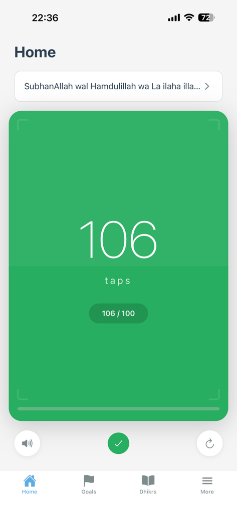 Dhikr - Tasbeeh & Adhkar - Pantalla de inicio de la aplicación Dhikr que muestra un contador digital de tasbeeh verde con 106 toques y progreso de objetivos