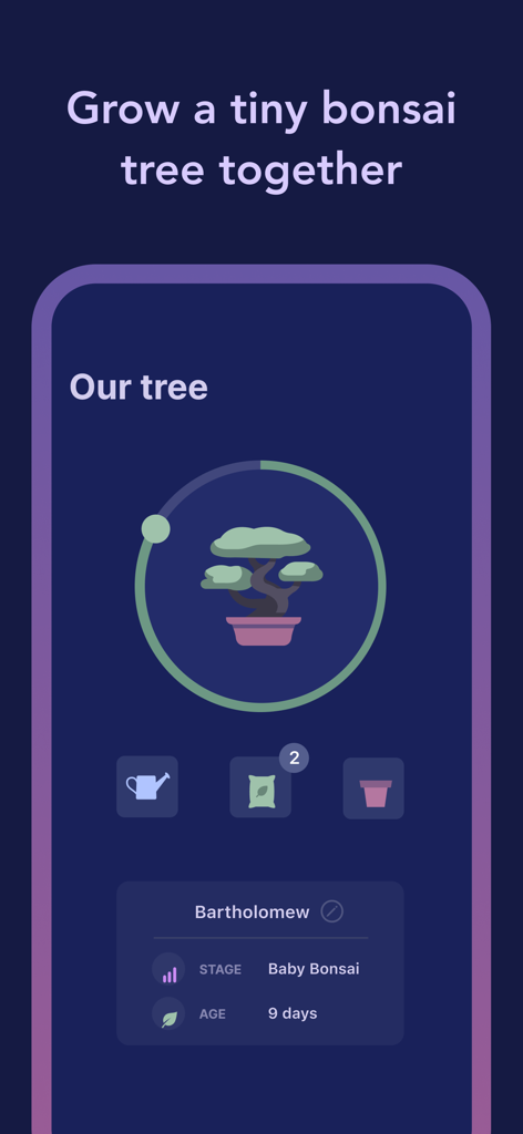 A shared virtual bonsai tree feature in the Cozy Couples app for digital intimacy