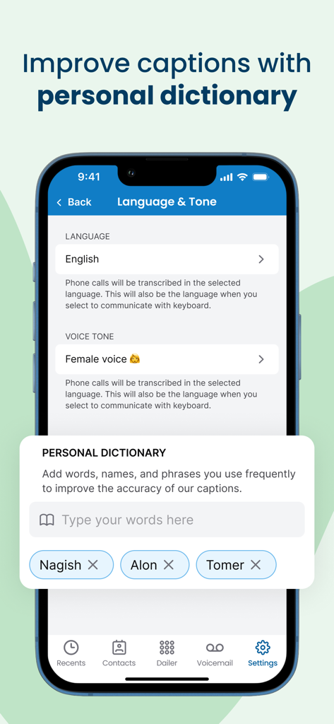Nagish: Caption Your Calls - Nagish app screenshot showing personal dictionary and language settings to improve call caption accuracy.