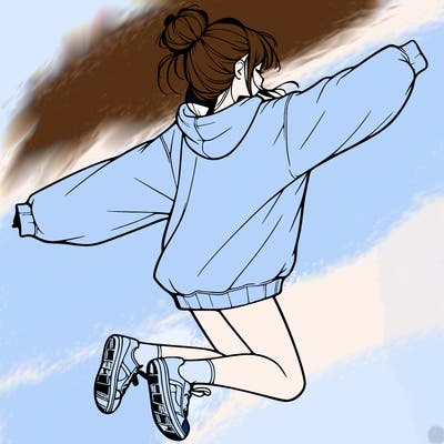 realistic girl jumping with a bun and oversized sweatshirt