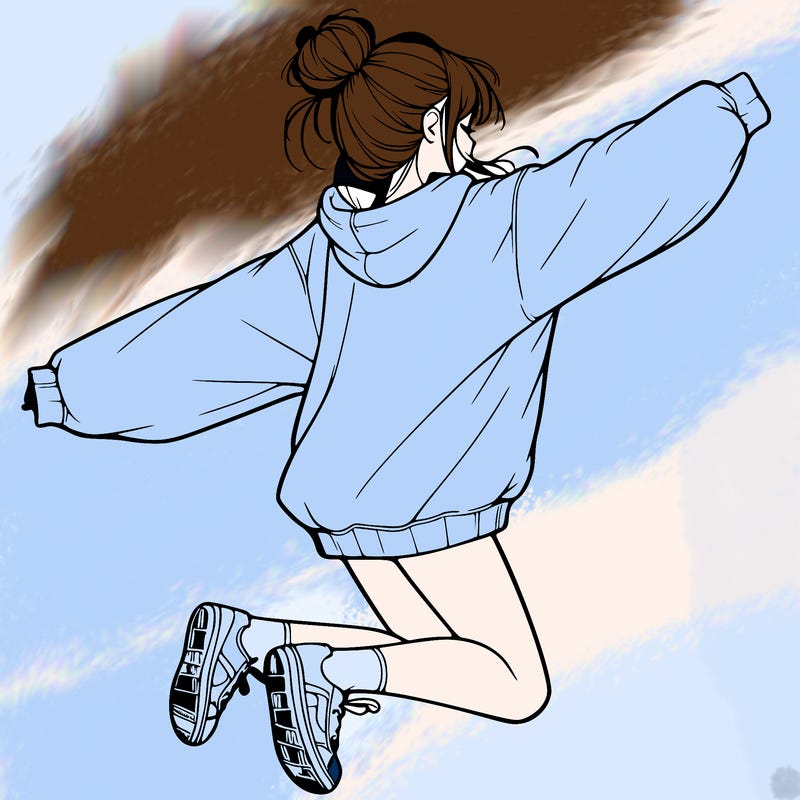 realistic girl jumping with a bun and oversized sweatshirt