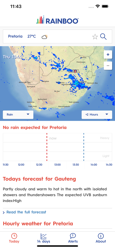 Rainboo - Rainboo weather app interface displaying a rain radar map and local forecast for Pretoria