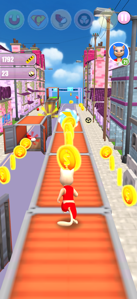 Princess Cat Lea Run - A white cat character in a red suit running and collecting gold coins on an orange track in a colorful city