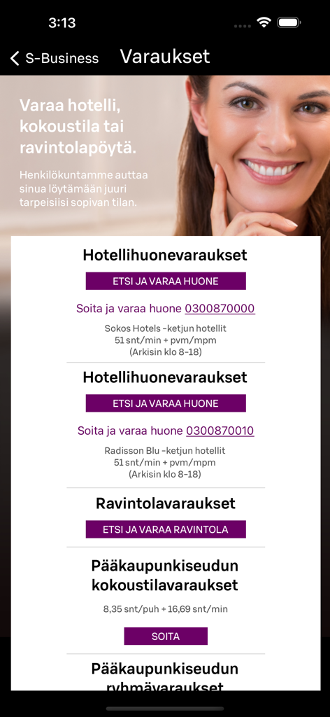 Mobiler Bildschirm der S-Business-App mit Optionen zur Buchung von Hotels, Restaurants und Besprechungsräumen in Finnland