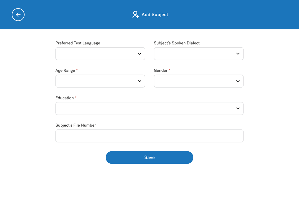 MoCA Duo - Interface of the MoCA Duo app for adding a new subject with demographic fields including age range, gender, and education