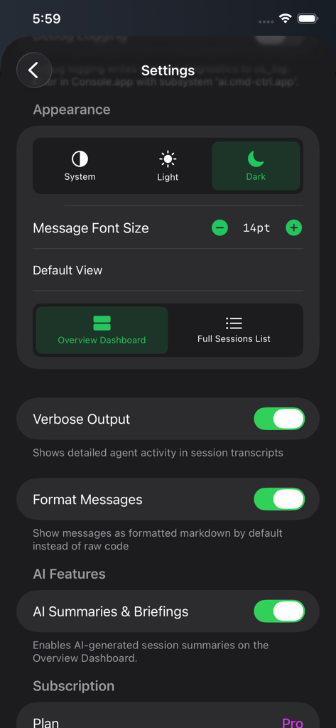 Cmd+Ctrl - Schermata delle impostazioni dell'app CmdCtrl con opzioni per l'aspetto e il riepilogo AI.