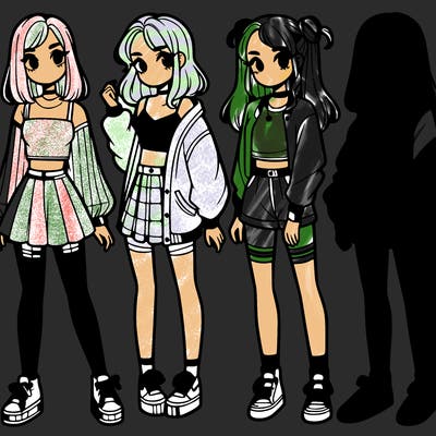 one girl with crop-top shirt and a jacket with a skirt, long socks and another girl with a shirt and pants with a jacket