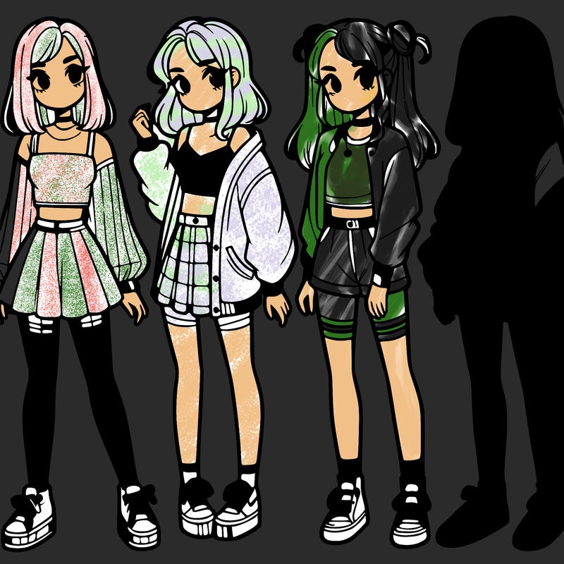 one girl with crop-top shirt and a jacket with a skirt, long socks and another girl with a shirt and pants with a jacket