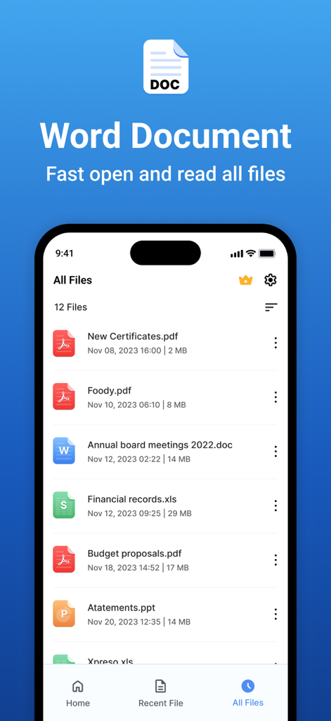 Word document - Interfaz de la aplicación Documento de Word mostrando una lista de archivos PDF, Word, Excel y PowerPoint en un iPhone