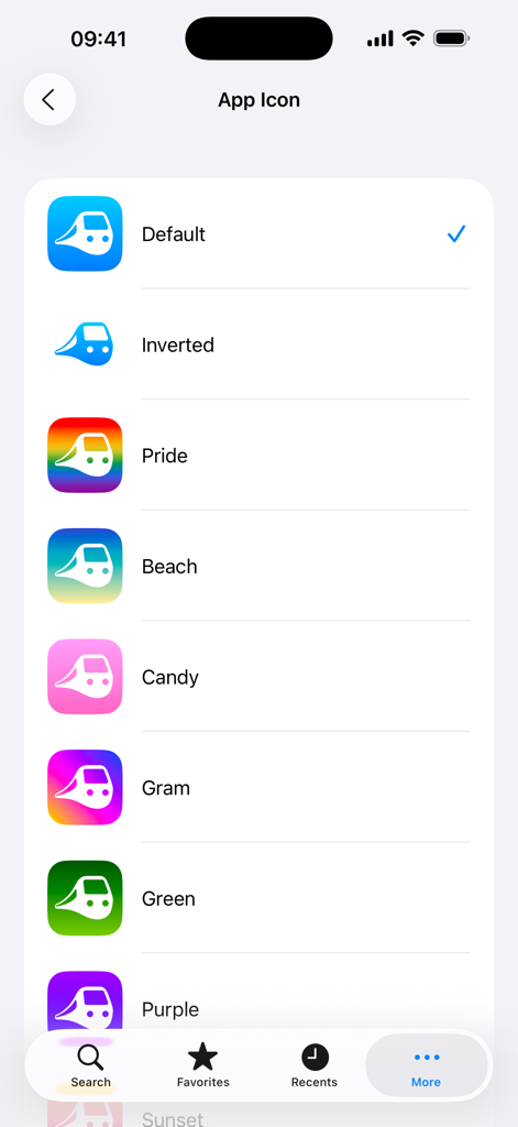Railer – Train timetable - Un écran de menu affichant différentes icônes d'application alternatives et colorées pour l'application d'horaires de train Railer.