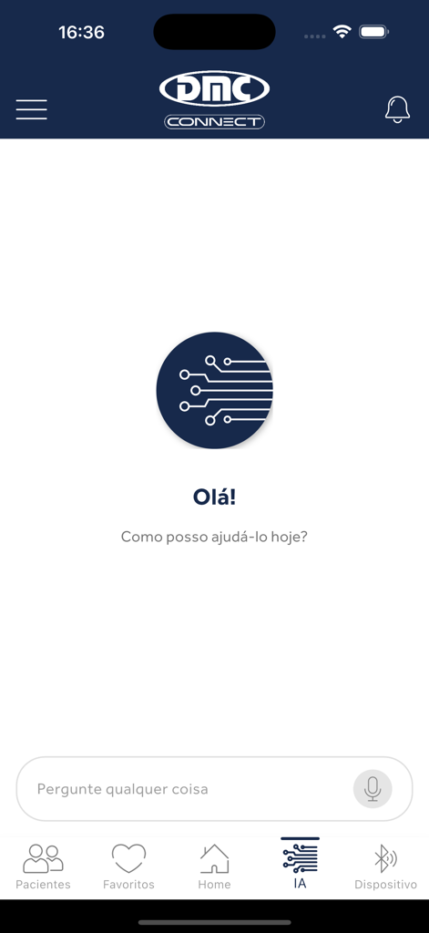 DMC Connect - Interfaz del asistente de IA de la aplicación DMC Connect que muestra un saludo y una barra de búsqueda de protocolos láser