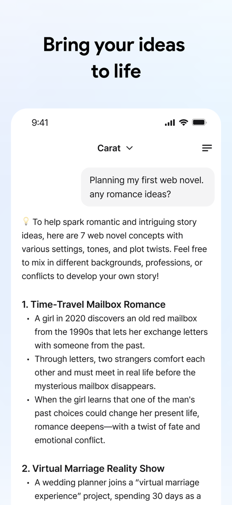 Carat app interface showing a chat with an AI assistant generating creative story ideas for a romance web novel