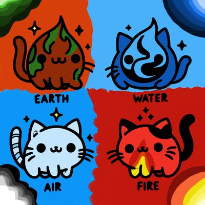 4 cats that represent the different elements, earth, water, air, and fire
