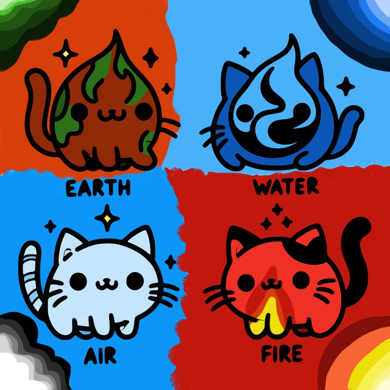 4 cats that represent the different elements, earth, water, air, and fire