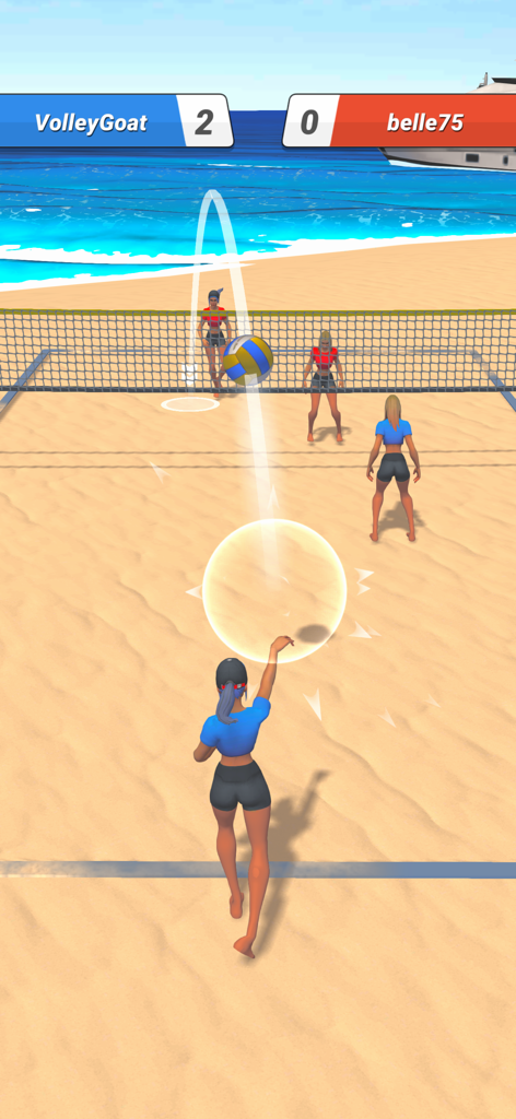 A beach volleyball match in the Beach Volley Clash app showing a player preparing to hit the ball on a sunny court