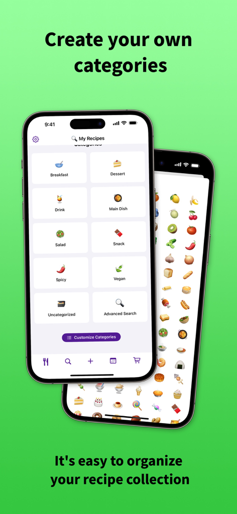 RecipeChef: Recipe Manager - Two iPhone screens displaying recipe categories like breakfast, dessert, and main dish in the RecipeChef app.