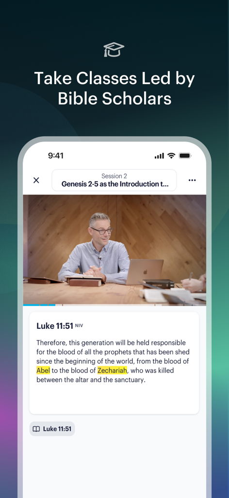 BibleProject - Interface of the BibleProject app showing a video lecture by a scholar with study text from the book of Luke