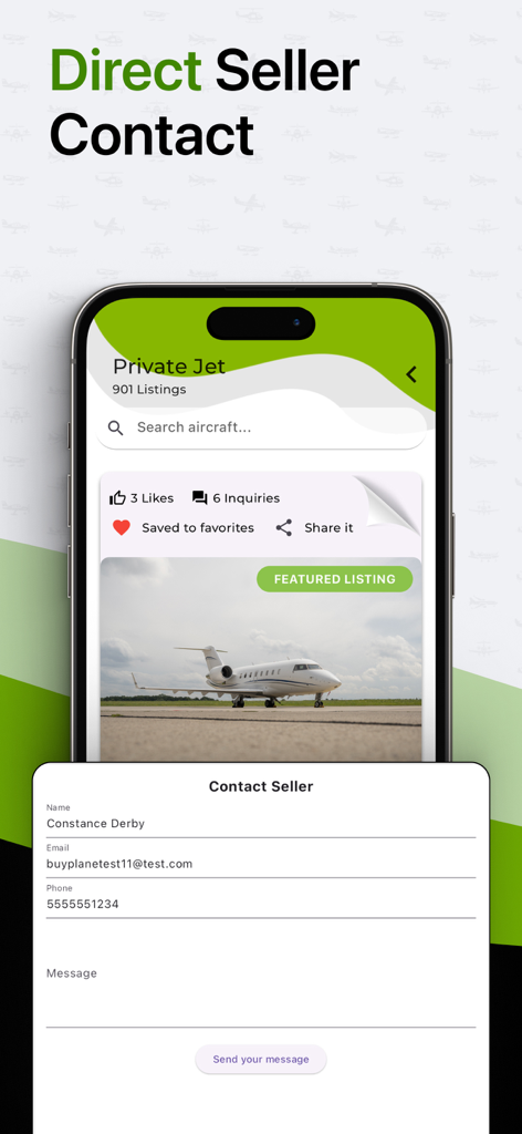 BuyPlane app direct seller contact form for a private jet listing
