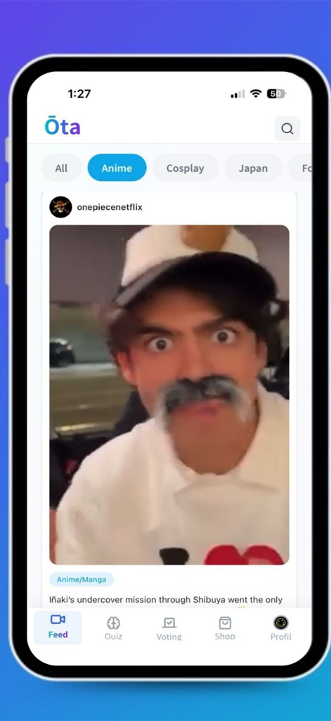 Ota Life - Interfaz de la app móvil Ota Life mostrando un feed social para fans de anime con una publicación de video de One Piece Netflix.