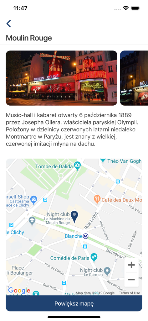 BCD Travel Poland - Captura de pantalla de la aplicación BCD Travel Poland que muestra detalles del Moulin Rouge con una foto, descripción y mapa de ubicación.