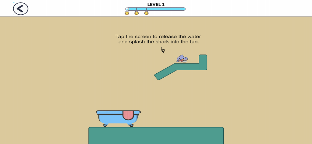 Future Guard - Future Guardのレベル1。サメのキャラクターを浴槽に飛ばすパズルが表示されている。