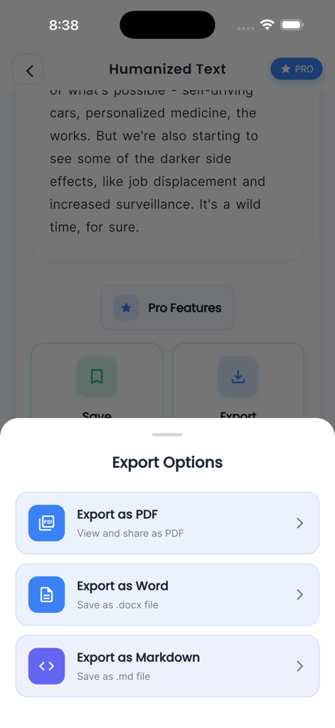 AI Humaniser: Text Bypass - Mobile screen showing export options for humanized text in PDF Word and Markdown formats