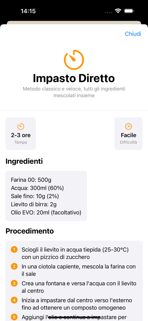 Interfaz de la aplicación Pizzafy que muestra los ingredientes y los pasos de preparación para la masa directa