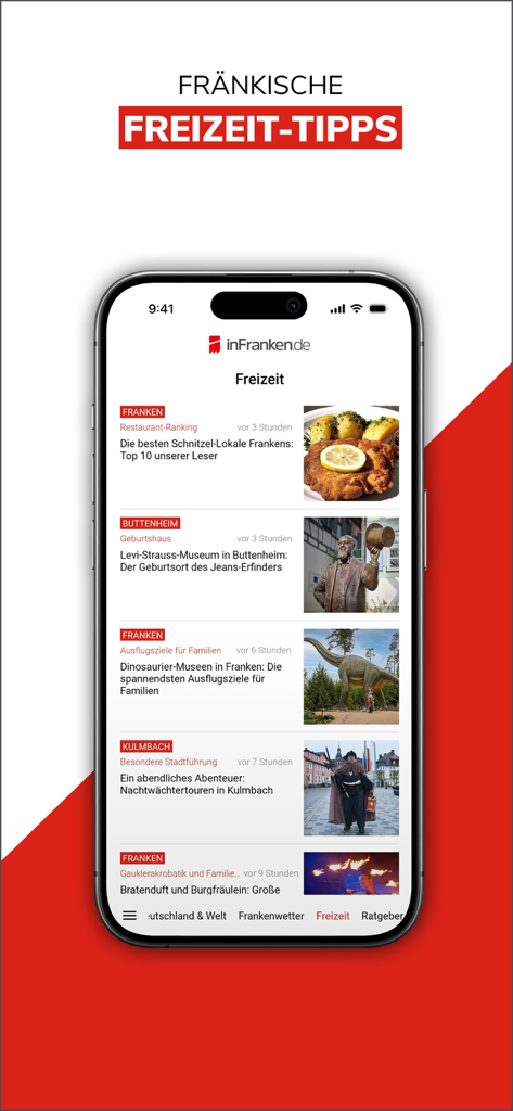 Una pantalla de smartphone que muestra la sección de ocio de la aplicación de noticias inFranken con recomendaciones de restaurantes y museos locales.