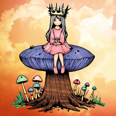 realistic girl sitting on a huge tree stump size toadstool with thorn crown