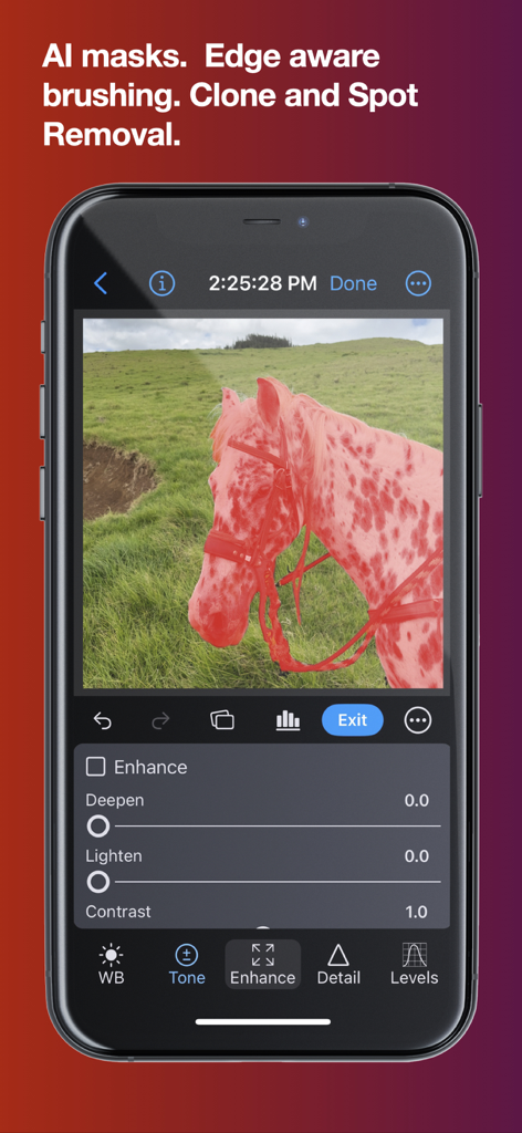 iPhone interface of Nitro Photo app displaying AI masking on a photo of a horse with professional editing controls