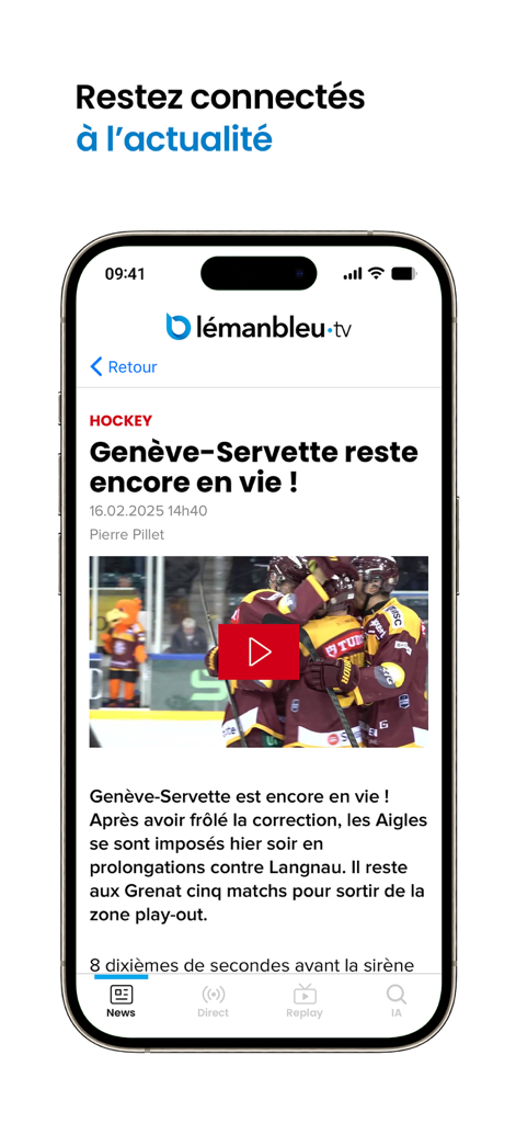 Léman Bleu - Pantalla de smartphone que muestra la aplicación Leman Bleu con una noticia sobre un equipo de hockey de Ginebra