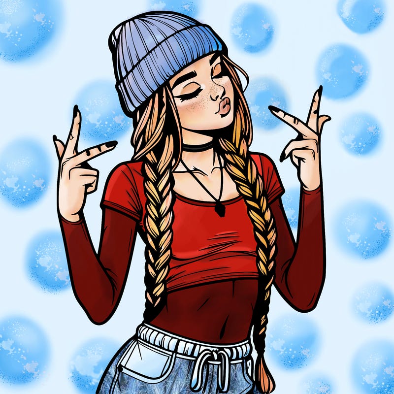 realistic teenage girl with braids and a beanie and crop top doing 🫶🏼