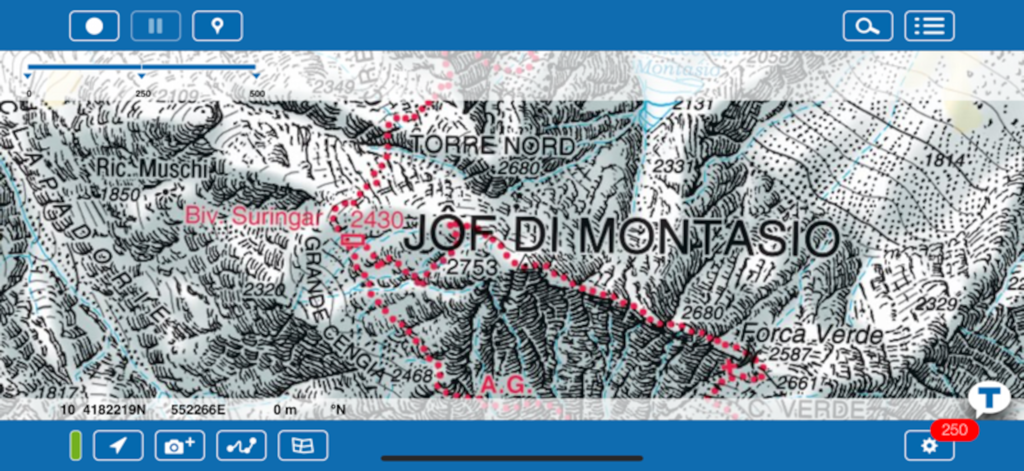 TABACCOmapp - Detailed topographic map showing mountain terrain and hiking trails in the Italian Alps
