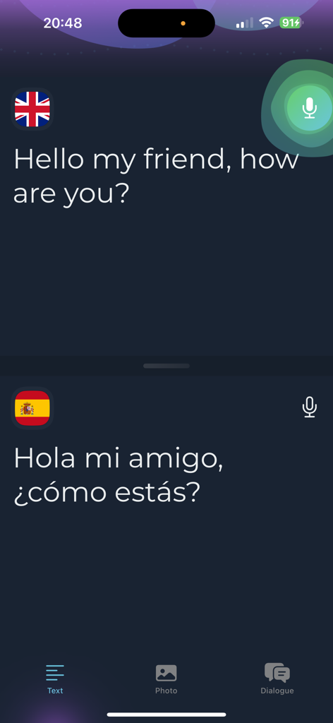 Talking Translator: Voice,Text - Interfaz de la aplicación Talking Translator con traducción de voz y texto del inglés al español